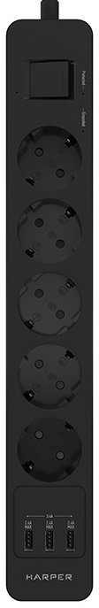 Сетевой фильтр HARPER UCH-560, 5 розеток, 3 м, с/з, 16А / 4000 Вт, черный