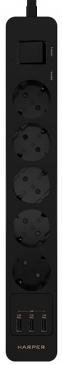 фото Сетевой фильтр HARPER UCH-530, 5 розеток, 1.5 м, с/з, 16А / 4000 Вт, черный