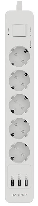 Сетевой фильтр HARPER UCH-560, 5 розетки, 3 м, с/з, 16А / 4000 Вт, белый