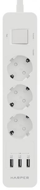 Сетевой фильтр HARPER UCH-360, 3 розетки, 3 м, с/з, 16А / 4000 Вт, белый