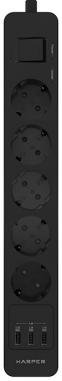 фото Сетевой фильтр HARPER UCH-560, 5 розеток, 3 м, с/з, 16А / 4000 Вт, черный